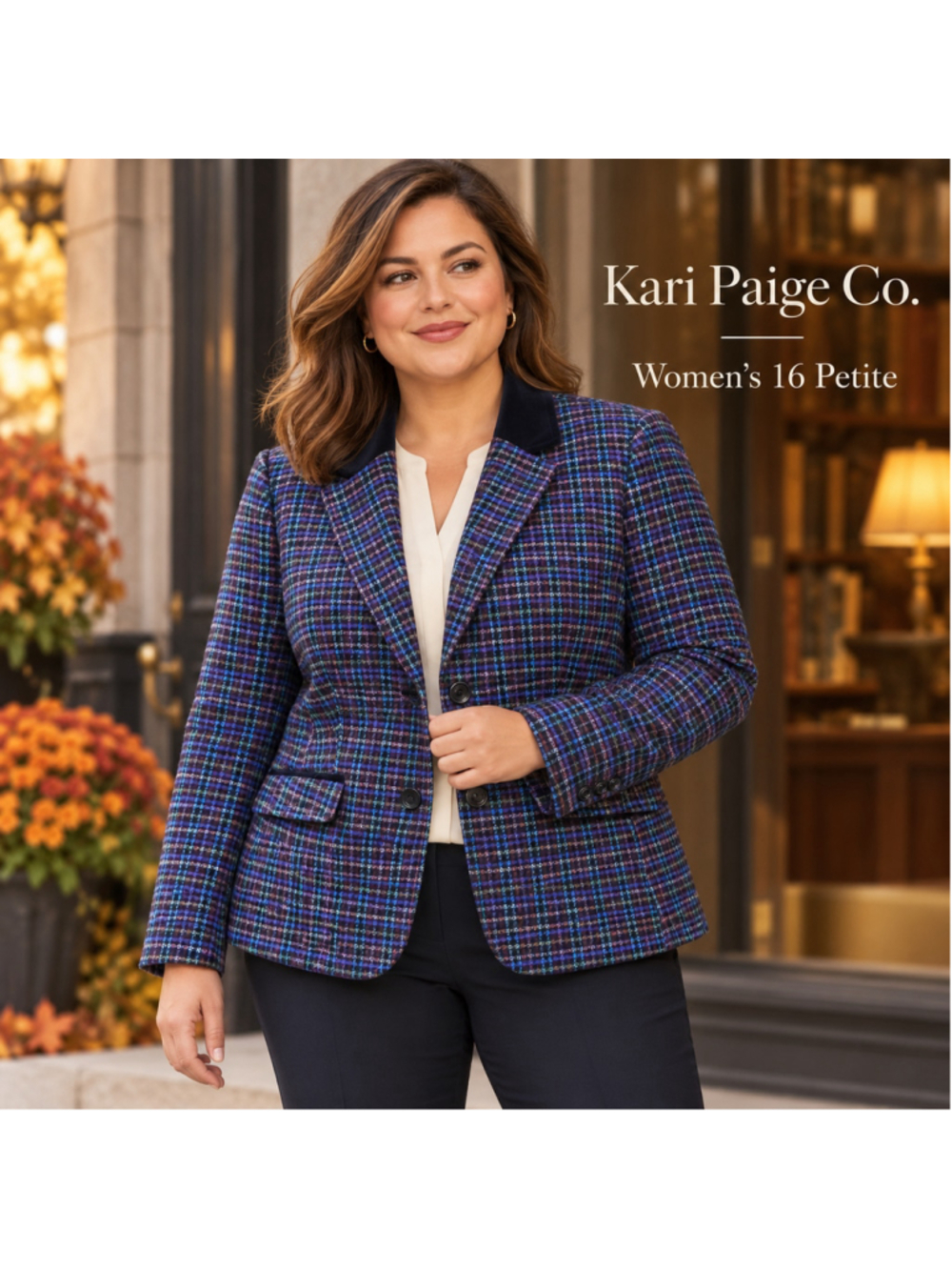 Women's Talbots Plaid Blazer Jacket 16P Blue Purple F26